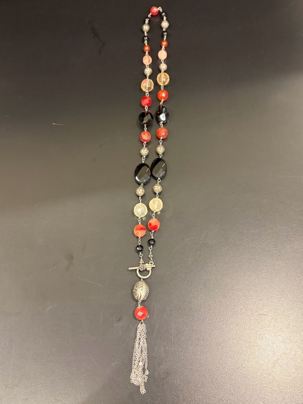 One of a Kind Handmade Red and Black Beaded Lariat Style Tassel Necklace